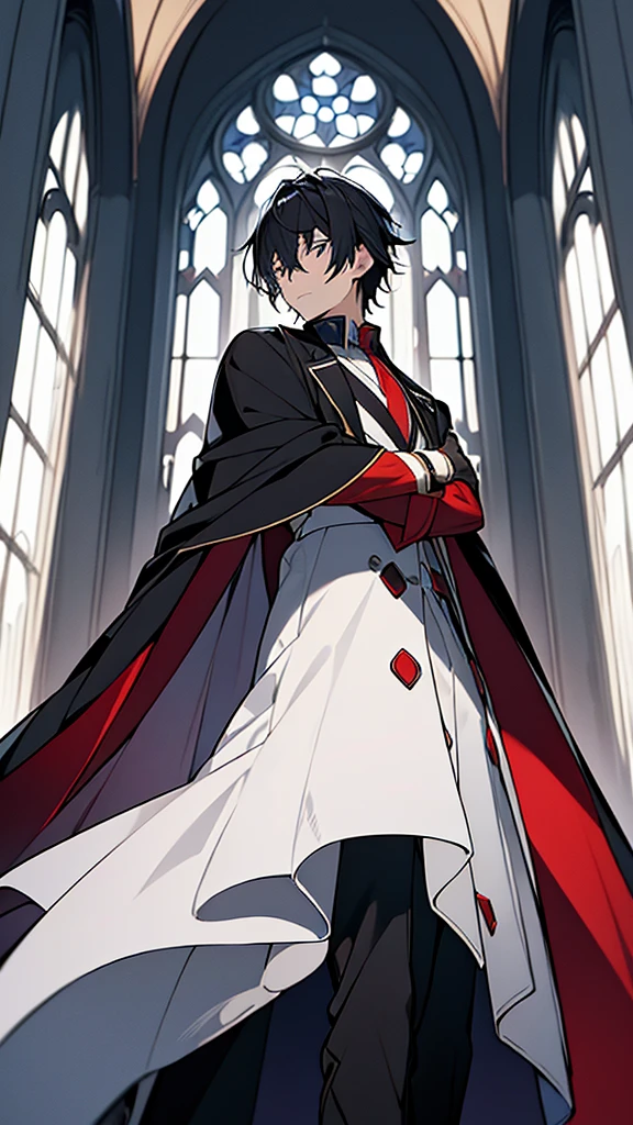 Familiar of Zero, a man in a blue trench coat and black trousers. Fon a white shirt red tie and black vest standing in front of a church, inspired by Saito Hiraga, Photo , wearing a luxurious royal cloak, as anime character, Wearing a luxurious cape, male anime character