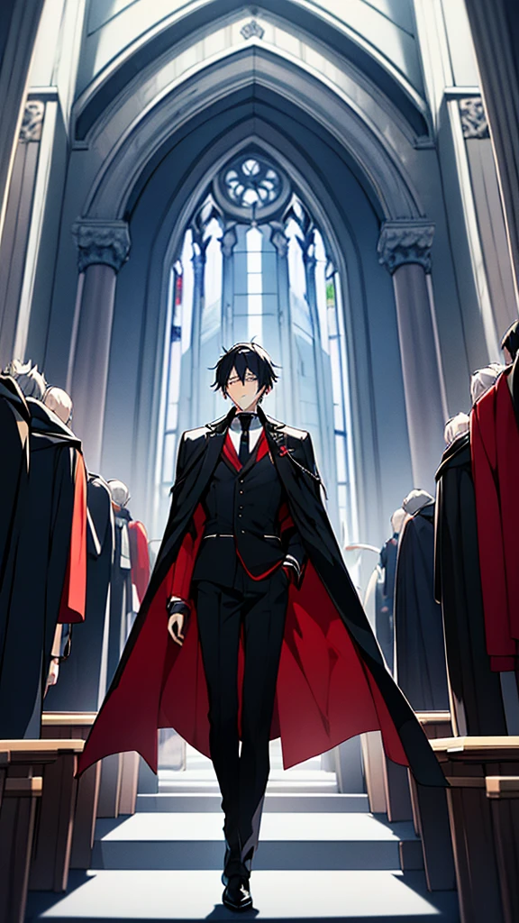 Familiar of Zero, a man in a blue trench coat and black trousers. Fon a white shirt red tie and black vest standing in front of a church, inspired by Saito Hiraga, Photo , wearing a luxurious royal cloak, as anime character, Wearing a luxurious cape, male anime character