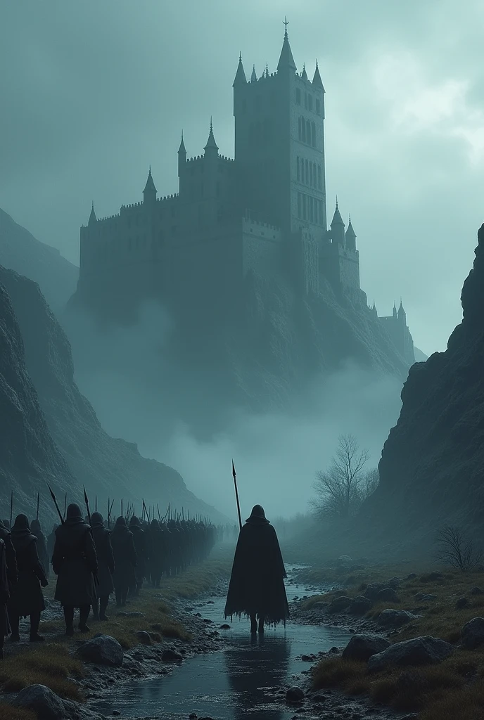 a landscape picture of helheim woth deathly nuances, the great castle of death where hela ruled in the background, with few undead soldiers lining up to the castle