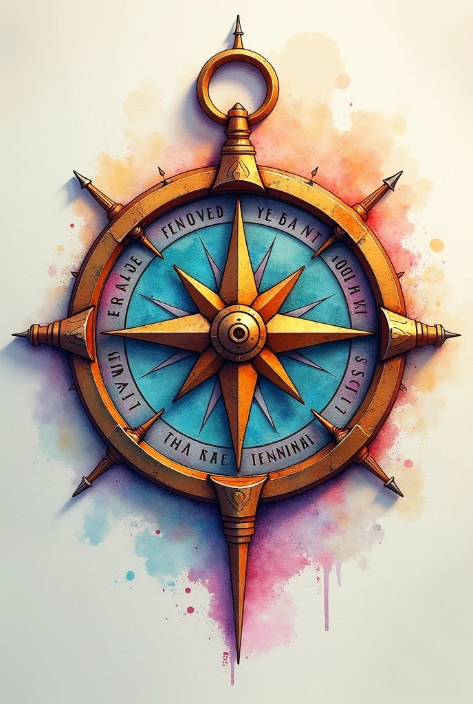 Create a three-dimensional compass, that contains the inscription VOX CHART. Using the combination of watercolor and mixed media colored pencils. Use vibrant colors.