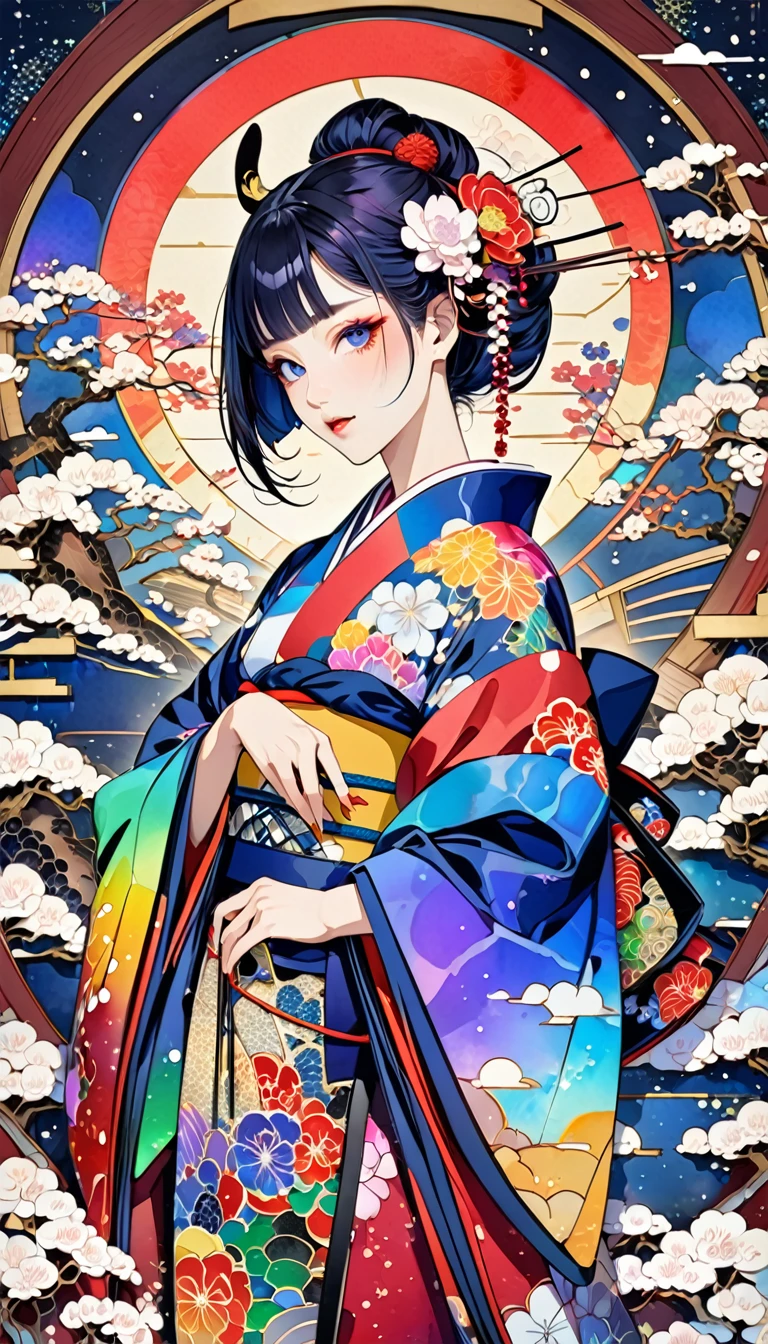 Ukiyo-e, Japanese painting, woodblock print, kabuki, kabuki make-up, attractive and seductive expression, wearing opened rainbow colorful Japanese kimono, background painted with a fusion of oil and watercolor iridescent stained glass, conceptual installation art, (ultra detailed, absolutely resolution, best quality:1.3), 2.5D, delicate and dynamic effects, glitter gold dust effects, artistic, hyper, graphic CG digital art