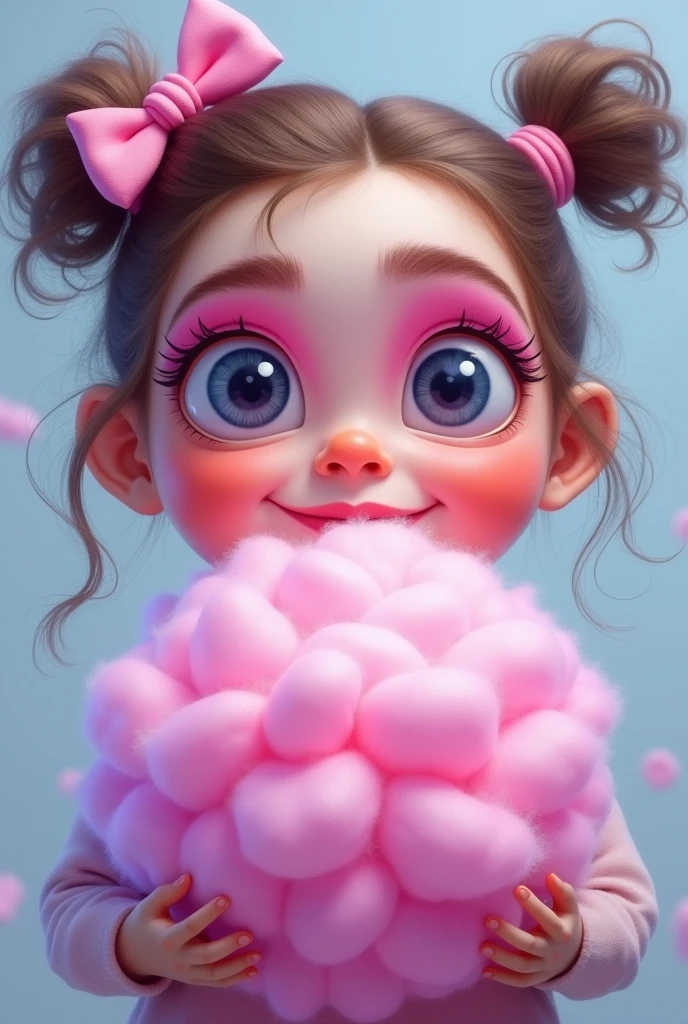 Girl with very large pink eyebrows.  a prominent nose. She holds a cotton candy in a combination of pink and purple colors.