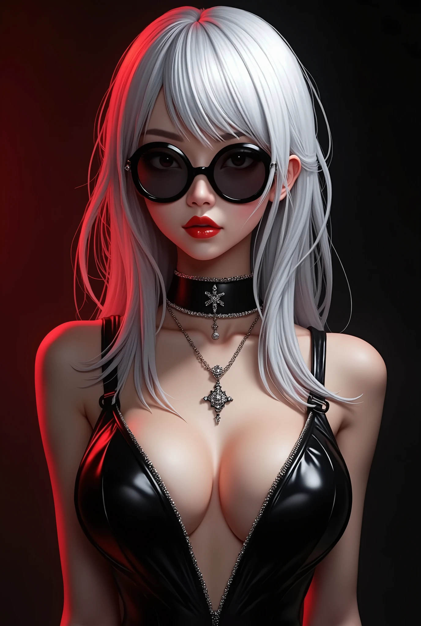 1girl, sunglasses, solo, hat, lipstick, red lips, long white hair, dress, plunging neckline, makeup, monochrome, white background, earrings, cleavage, jewelry, upper body, spot color, hair over shoulder,dark theme,shiny,shiny skin,milf,(young japanese female:1.3), black background, sexy, alluring, red background,