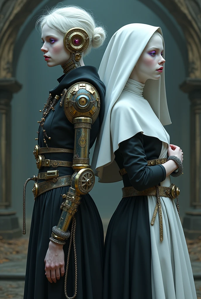 Two albinos back to back, with two violet eyes on the left with a prosthesis steampunk alchemist clothes, and the one on the right in nun&#39;s clothes 