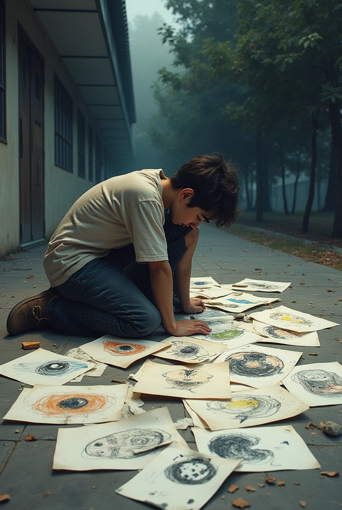  boy who is hit by another teenager at recess away from the others and his drawings are lying around 

