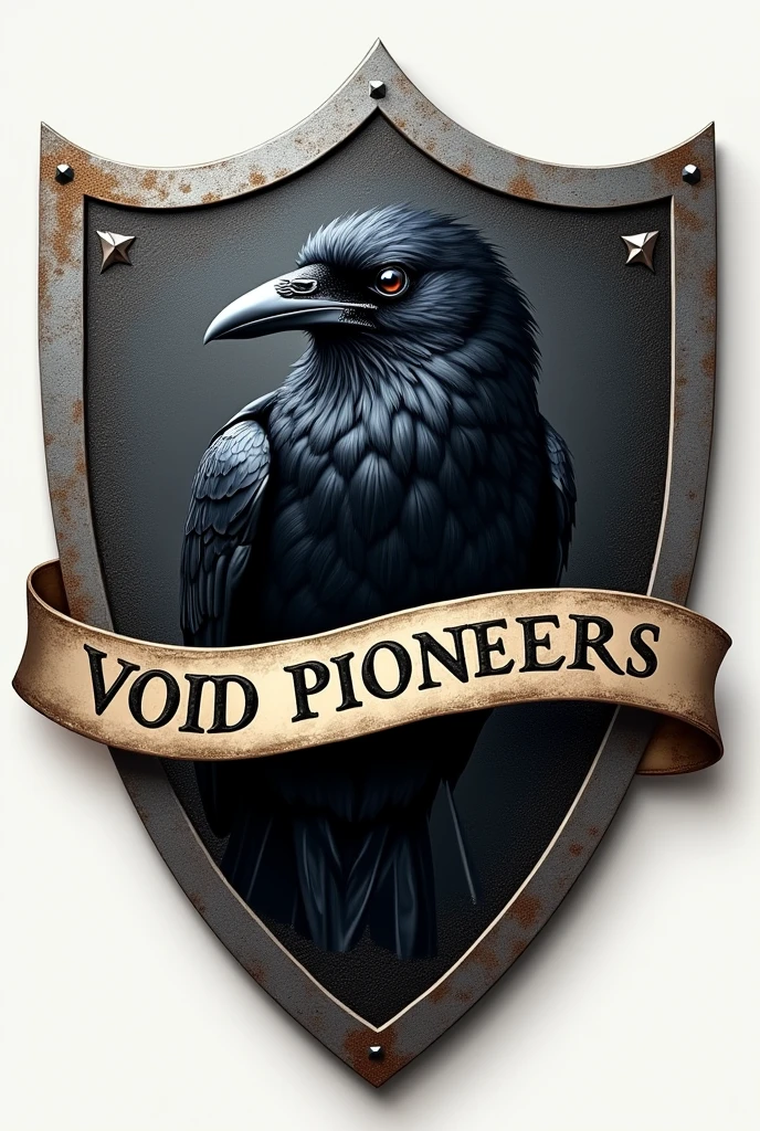 You can create a logo (shield) with a silver border, with a crow (in the center) , with a ribbon with Renaissance letters At the top that say "Void Pioneers" in Renaissance style