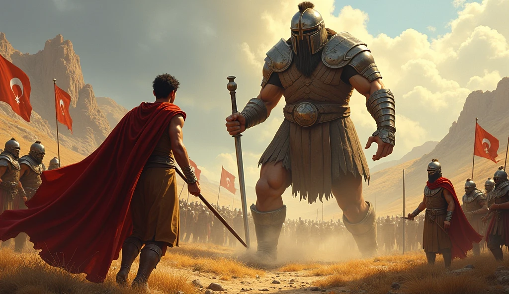 David slays the giant Goliath,, gaining fame and the envy of Saul,, who sees him as a threat to his throne..