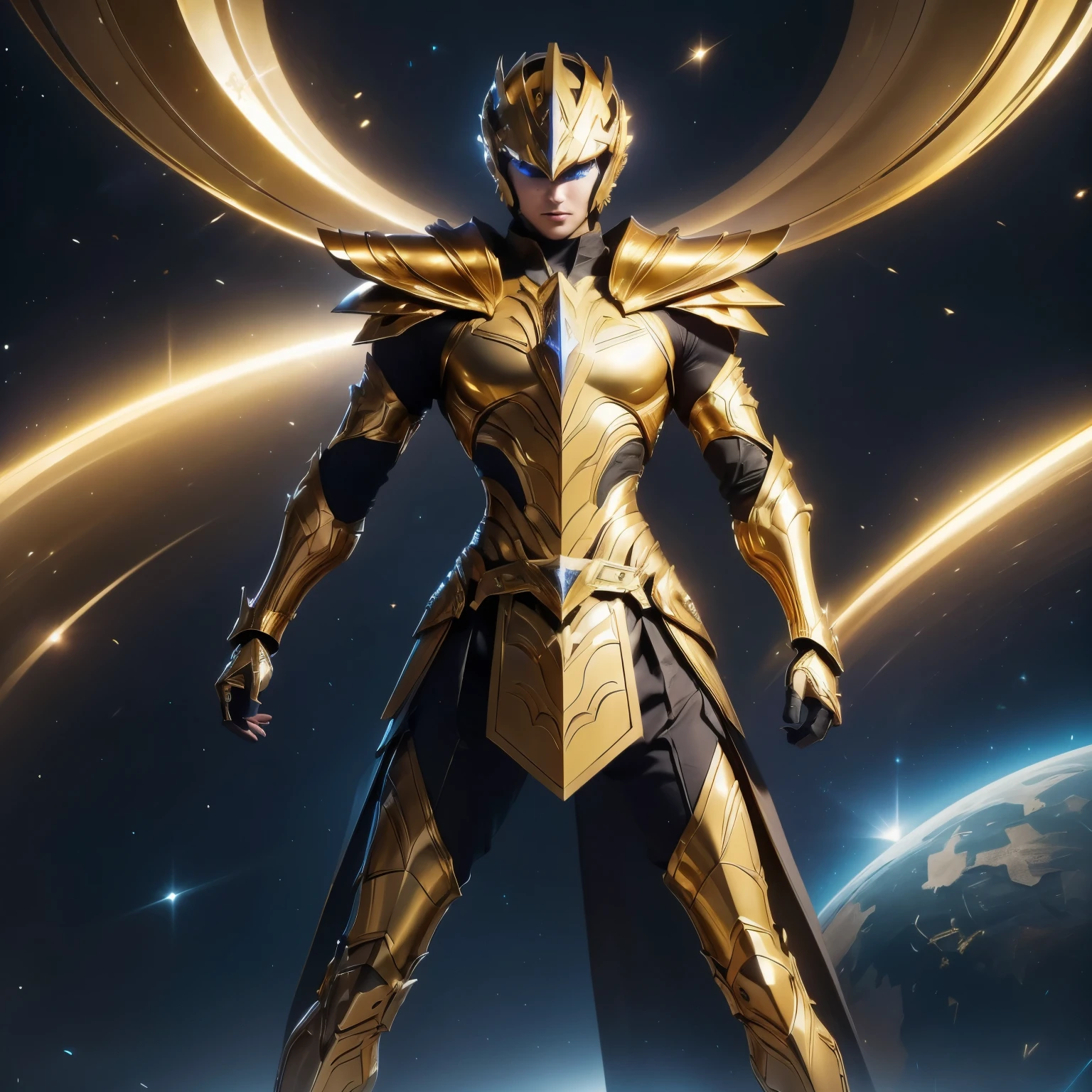 It's a man. The image presents a highly detailed and futuristic armor designed for a male warrior. The armor combines elements from different parts to create a cohesive and powerful look. Helmet: The helmet features a sleek, aerodynamic design with a golden metallic finish. It has a central crest that rises upwards, and the visor glows with a bright blue light, giving it a high-tech, futuristic appearance. Pauldrons (Shoulder Pads): The shoulder pads are designed to be close to the chest, with angular lines extending smoothly toward the shoulders. They have a polished golden finish and curve elegantly upward, creating a harmonious transition between the chest and shoulders, while providing a majestic and protective look. Chest Plate: The chest plate is intricately segmented, with a combination of gold and dark metallic blue. It has a gem-like crystal in the center that emits a soft, mystical glow. The design of the chest plate is both protective and regal, with sharp, angular lines that add to the overall futuristic aesthetic. Arm Guards: The arm guards are sleek and streamlined, with articulated golden and purple segments that offer flexibility and protection. The design of the gauntlets is both robust and elegant, incorporating futuristic elements that blend with the classic style. Leg Armor: The legs are armored with segmented plates that are primarily gold and purple. The boots are angular and sturdy, with a design that conveys both strength and agility. The overall look of the leg armor is grounded yet sleek, completing the ensemble with a powerful stance. The background of the image is a dark cosmic scene, filled with distant stars and nebulae that highlight the polished surfaces of the armor. Dynamic lighting is used to emphasize the key features, particularly the glowing visor and central chest gem, reinforcing the mystical and imposing nature of the warrior.