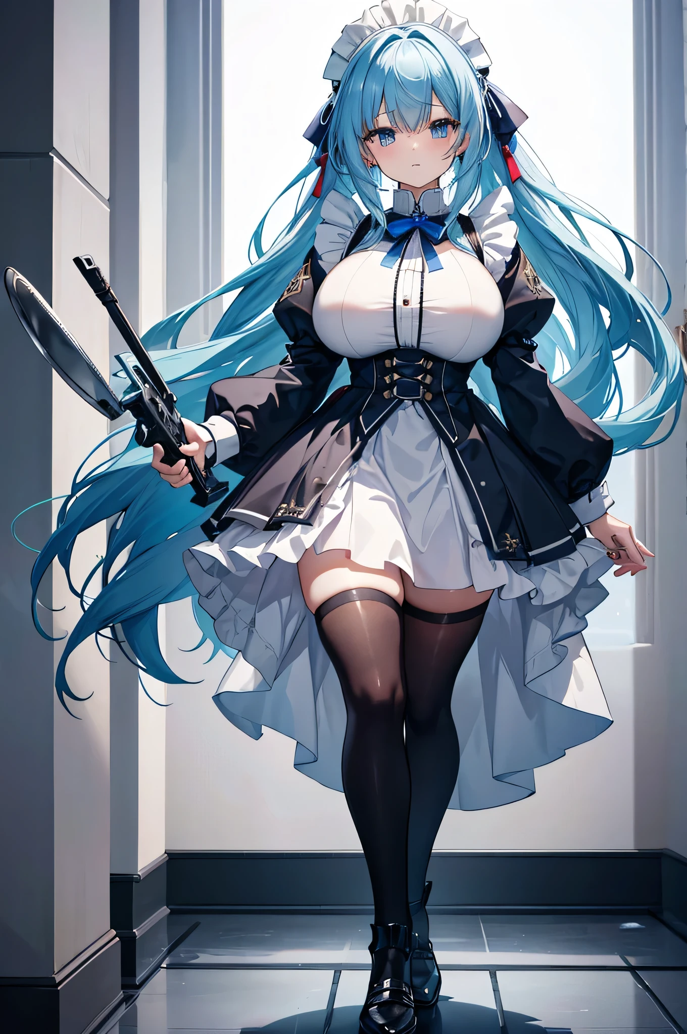 4K,High resolution,One Woman,Blue Hair,long hair,Huge boobs,maid,maid服,White plate armor,Heavy Armor,Black tights,White shoes,maidのカチューシャー,Jewelry decoration,Medieval castle town
