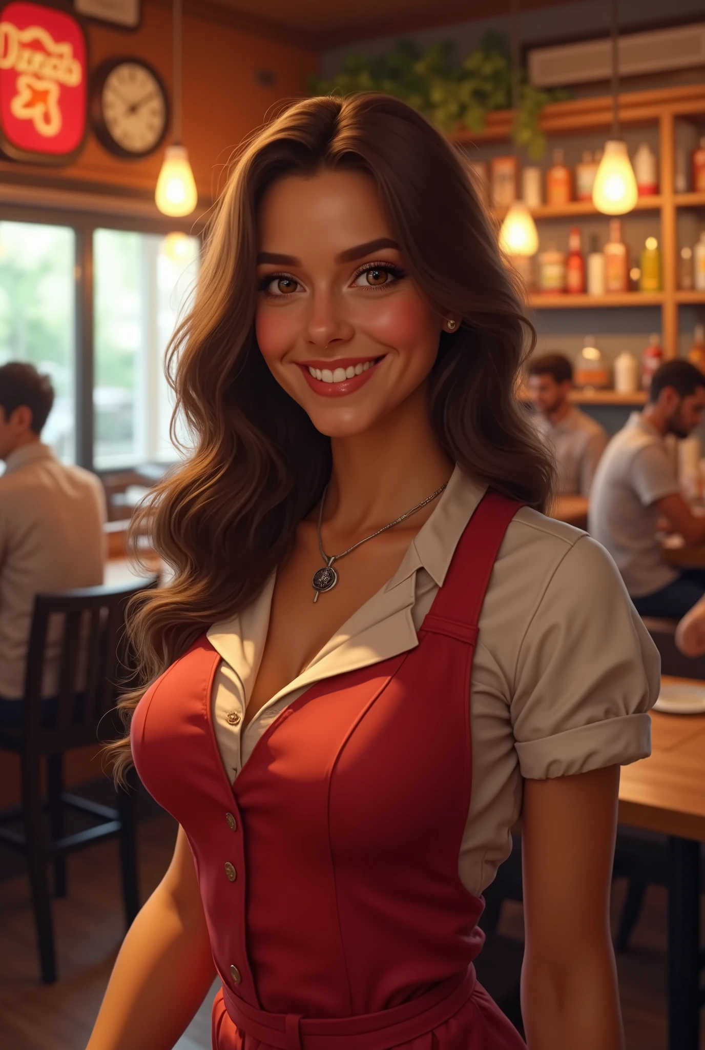 A Latin woman, Youngh, Long brown hair, lightbrown eyes, beautiful smile, Bust Big, natural beautiful, waitress clothes, inside a restaurant