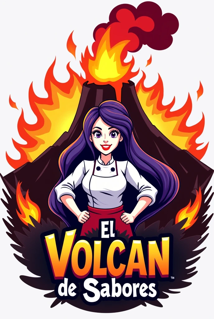 Could you please create a logo for a fast food restaurant with homemade hamburgers with a white female chef with black hair and purple locks with a grill, a volcano and the name El Volcán de Sabores written on it?