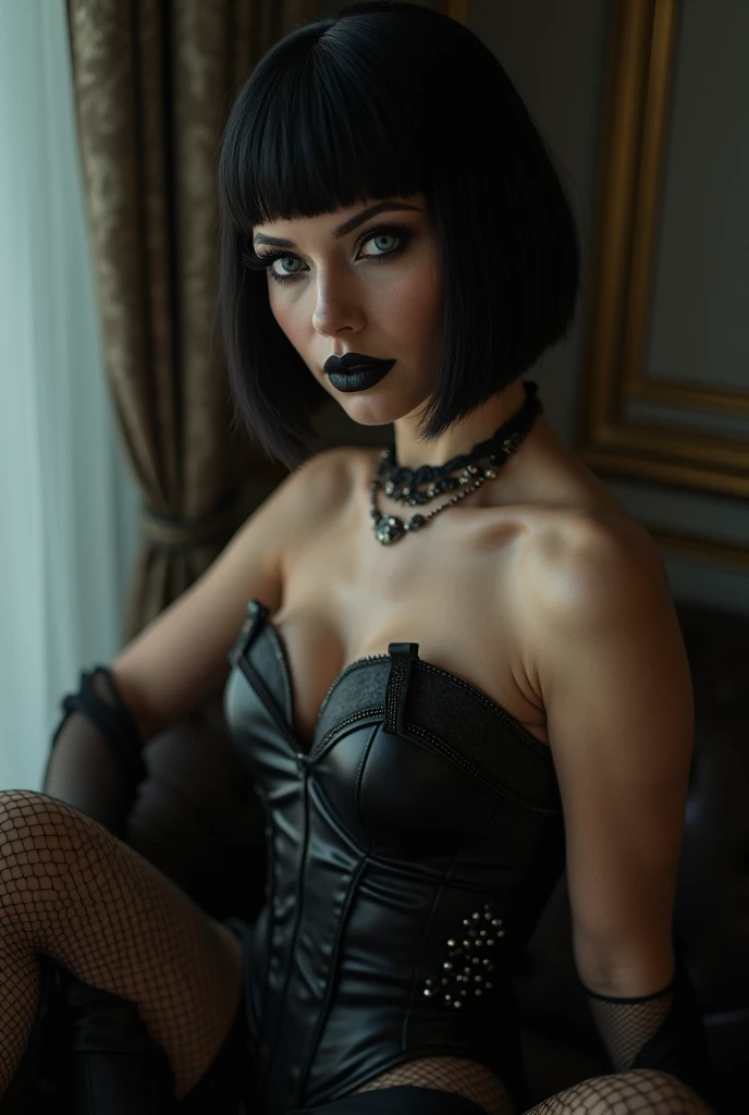 Create a character: um projeto que uniu o DNA de grandes celebridades Create a character: a project that united the DNA of great celebrities Bar Refaeli and Adriana Lima. Creating the most beautiful woman in the world, her beauty resembles that of Cleopatra. She is 2, a gothic woman, Bblack hair, Short BOB haircut, wears gothic makeup, gorgeous blue eyes, full mouth, black lipstick, thick eyebrows. She has a beautiful body, body awarded for its beauty, perfect shaped breasts, perfect waist, perfect ass, Perfect hip, perfect leg, perfect arms and hands. She wears a black corset, black leather skirt, black fishnet stockings and black boots.um sexy, awarded photo, woman in a sexy dominant pose, breathtaking cinematic photo, photo of sexy movies, erotic, elegant seducing pose, very sexy pose, head in front of the camera, frontal image, Look to viewer, Attractive posing, bold poses, posing frontally, she is looking at the front of the camera, sensual woman. Image Settings -Resolution " 16K, ultra HD, high qualiy, realisitic, retina, artistic, precise, anatomically correcte, texturized skin, high détail, awardwinning, cinematic lighting, hdr smooth, sharp focus, Canon EOS R5, 35mm" -Composition "Close-Up " -Background "Indoor studio setting" -PhotographyStyle "lo fashion, editorial, magazine style" -ArtisticEffect "photorrealistic, Masterpiece artwork, high budget Hollywood movie feel, Cinemascope, epic, marvelous, film grain, plein-air, super realistico, super verbose" Other Settings -ModelPose "sitting down, looking directly at the viewer, "