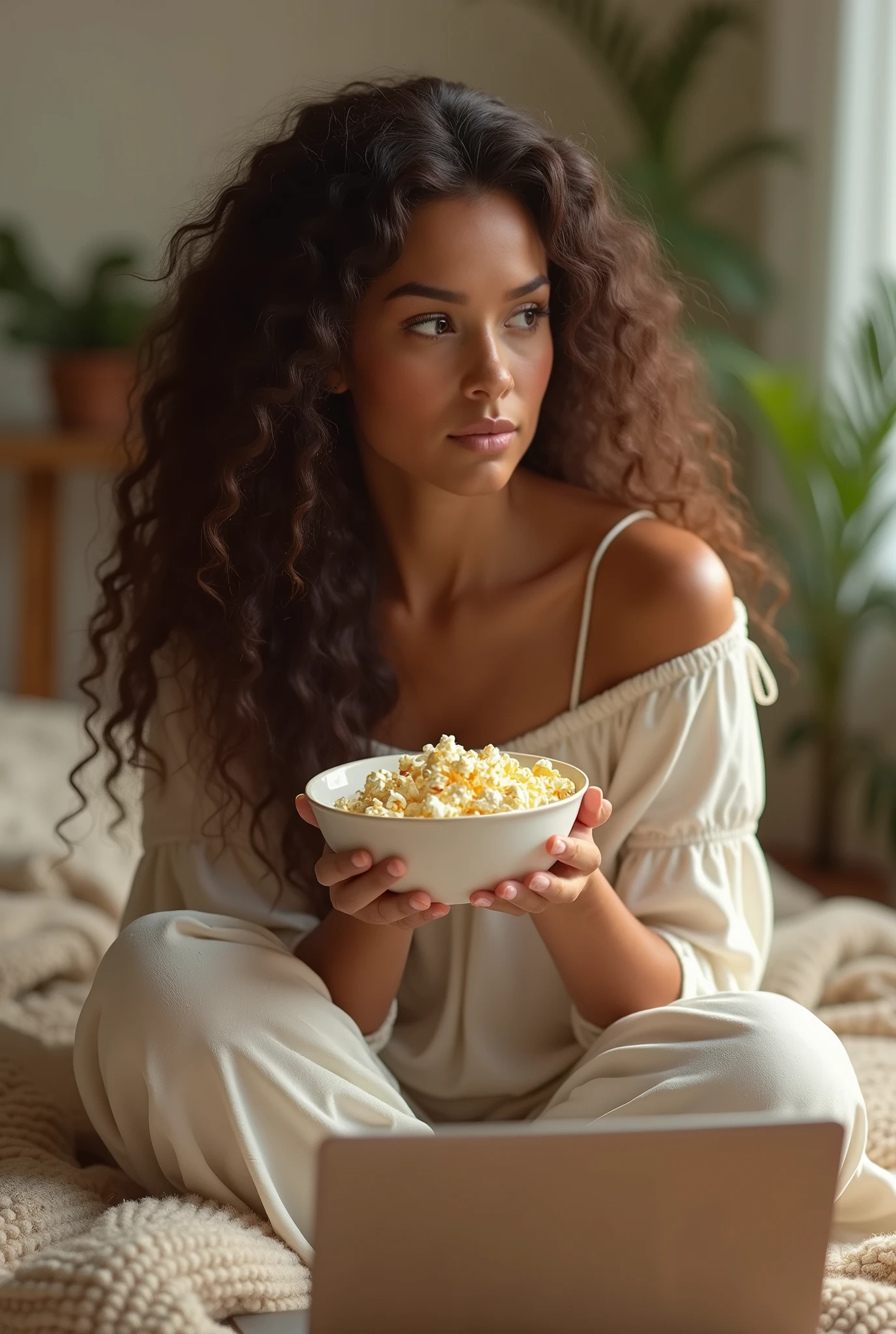 (photorealism:1.2), beautiful woman, watching movie on laptop, at home, living room, eating popcorn, long curly hair, indoors, soft lighting, relaxed pose, realistic, intricate details, warm colors,