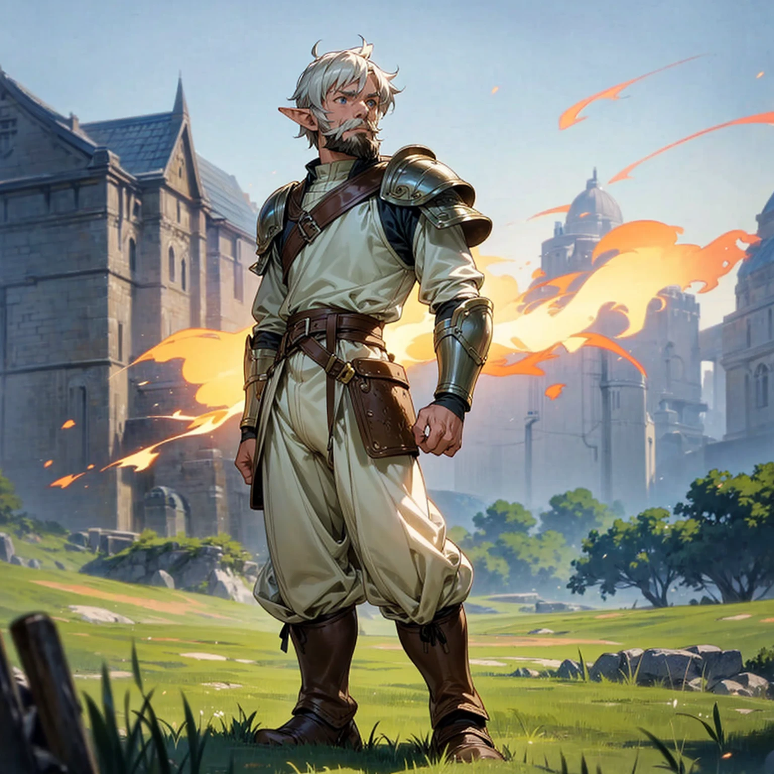 Solo character, full body version, old man, muscle, thin beard, (elf), blue eyes, white color hair, short Curly hair, white shirt, long pants, boots, outdoor, field, Greenland, medieval, standing gesture, detailed background, detailed clothing, detailed hair, (Makoto shinkai style art), armor, Fire effect on background 