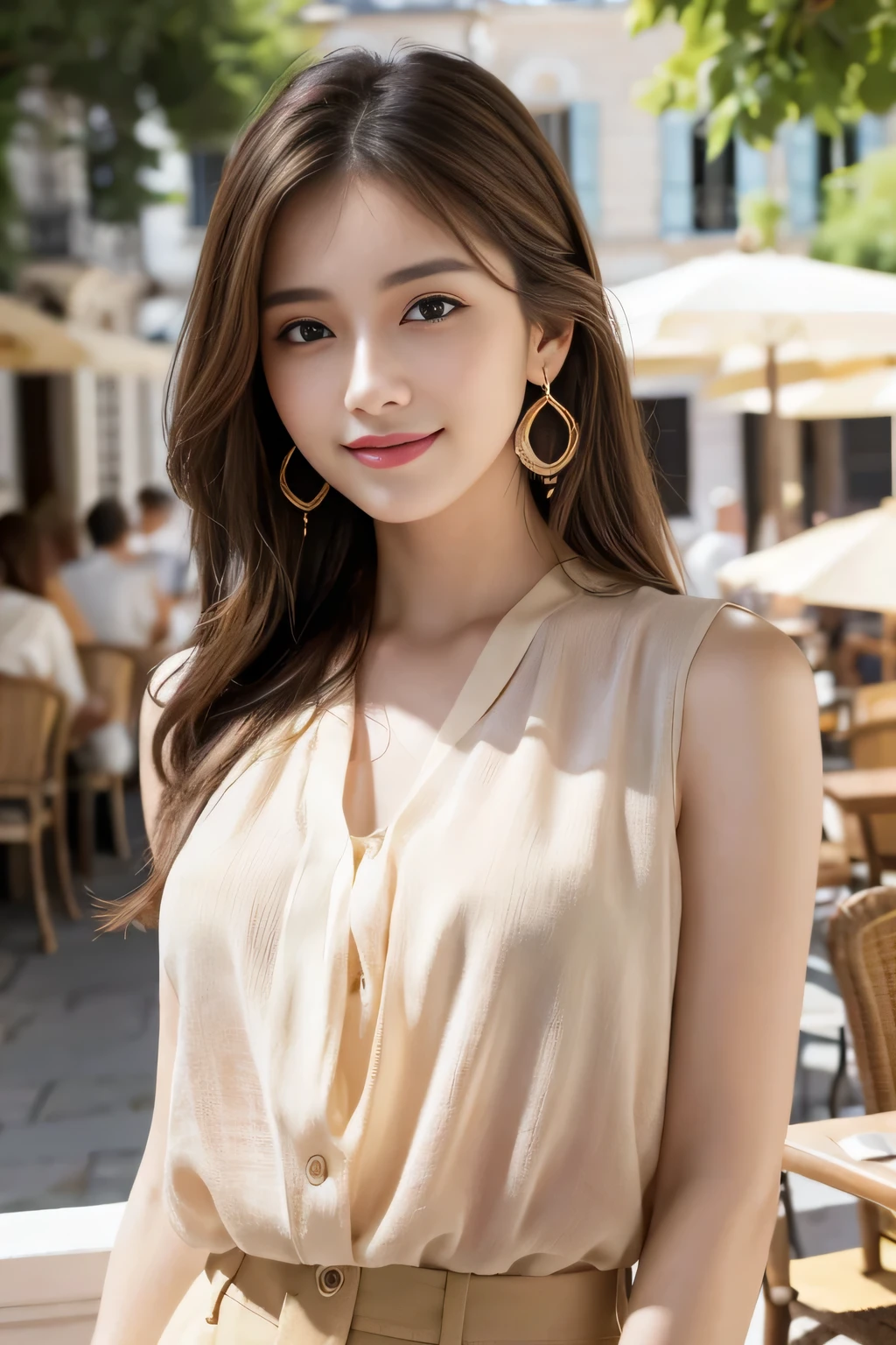masterpiece, Highest quality, Realistic, Very detailed, Finer details, High resolution, 8k wallpaper, One beautiful woman,Wear a nice blouse, On the terrace of a lovely cafe, at noon, Light brown messy hair, Perfect dynamic composition, Beautiful and beautiful eyes、Big earrings、Sleeveless shirt、smile、