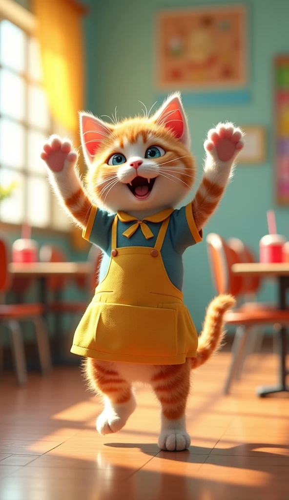 School lunch attendant　kitten　upright　dance　3d