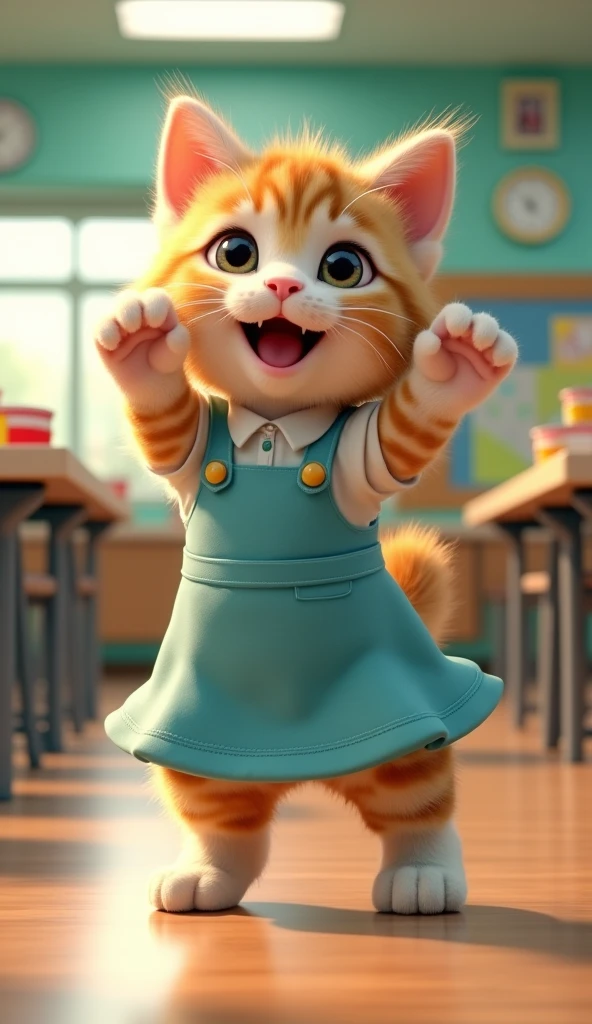 School lunch attendant　kitten　upright　dance　3d