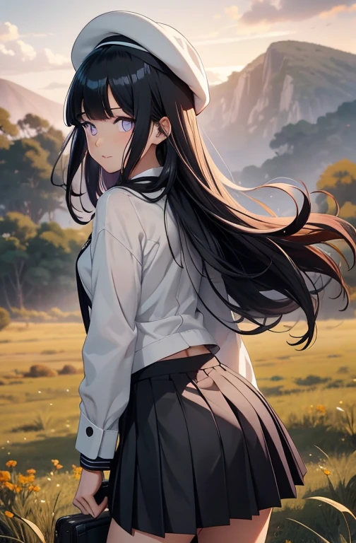 score_9, score_8_up, score_7_up, score_6_up, score_5_up, score_4_up, source_anime, aatomoyo, long hair, black hair, beret, white hat, straight bangs, purple eyes, small breasts, serafuku, white sailor collar, white scarf, black shirt, long sleeves, pleated skirt, white skirt sideways, field, sunset, wind, standing, cowboy shot, from behind, on all fours with her ass up, sexy position,