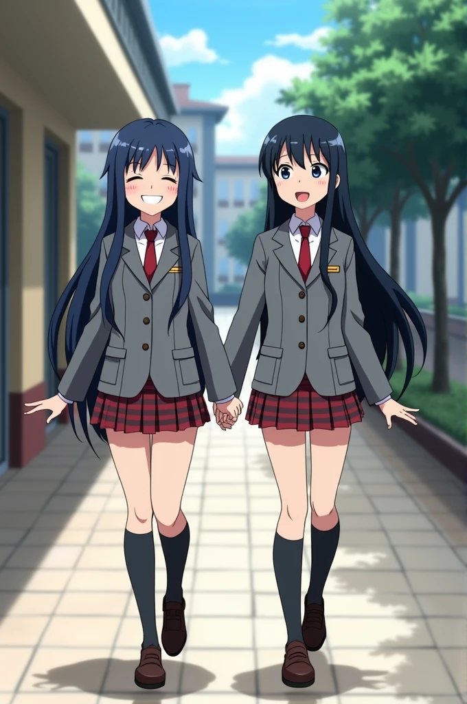Screenshot from the anime My Hero Academia, Whole body, 15 year old girl, very long and straight dark blue hair, dark blue slanted eyes, White skin, wears the uniform, Gray jacket y Red tie, He has a happy expression and is smiling, is next to Momo Yaoyorozu, una girl, black hair, black eyes, high collection, wears the uniform, Gray jacket, Red tie, The two of them are walking down the academy hallway laughing.