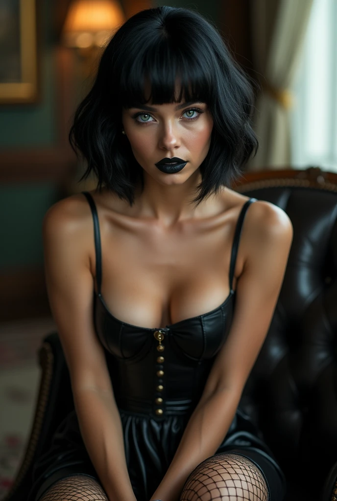 Create a character: um projeto que uniu o DNA de grandes celebridades Create a character: a project that united the DNA of great celebrities Bella Hadid and Beyoncé. Creating the most beautiful woman in the world, her beauty resembles that of Cleopatra. She is 2, a gothic woman, Bblack hair, Short BOB haircut, wears gothic makeup, gorgeous blue eyes, full mouth, black lipstick, thick eyebrows. She has a beautiful body, body awarded for its beauty, perfect shaped breasts, perfect waist, perfect ass, Perfect hip, perfect leg, perfect arms and hands. She wears a black corset, black leather skirt, black fishnet stockings and black boots.um sexy, awarded photo, woman in a sexy dominant pose, breathtaking cinematic photo, photo of sexy movies, erotic, elegant seducing pose, very sexy pose, head in front of the camera, frontal image, Look to viewer, Attractive posing, bold poses, posing frontally, she is looking at the front of the camera, sensual woman. Image Settings -Resolution " 16K, ultra HD, high qualiy, realisitic, retina, artistic, precise, anatomically correcte, texturized skin, high détail, awardwinning, cinematic lighting, hdr smooth, sharp focus, Canon EOS R5, 35mm" -Composition "Close-Up " -Background "Indoor studio setting" -PhotographyStyle "lo fashion, editorial, magazine style" -ArtisticEffect "photorrealistic, Masterpiece artwork, high budget Hollywood movie feel, Cinemascope, epic, marvelous, film grain, plein-air, super realistico, super verbose" Other Settings -ModelPose "sitting down, looking directly at the viewer, "