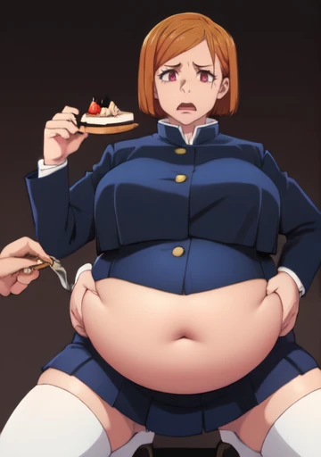 (masterpiece, best quality), 1girls, big belly, blurry background, huge belly, art by kipteitei, round belly, chubby, curvy, short cut hair, brown hair, ripped shirt, skirt, thighhighs, simple_background, gradient_background, belly bursting out of (((black school uniform))), long sleeves, enormous belly, fat belly, thicc, bigger belly, really big belly, jiggly belly, giant huge belly, big enormous belly, ((((gigantic belly)))), bloated belly, fat belly, ginormous big belly, expanding big belly, sfw, safe for work, kneeling on bed, sfw (safe for work), nobara kunisaki, (((a person out of frame is feeding her cake, the person is forcing cake into her mouth, the persons hand is shoving cake into her mouth, an arm is feeding her cake, a hand is near her mouth hand feeding her cake))), sweating, blushing, ahegao, moaning, winking, eyes squinting, (mouth open wide, tongue out)