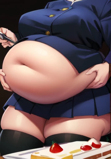 (masterpiece, best quality), 1girls, big belly, blurry background, huge belly, art by kipteitei, round belly, chubby, curvy, short cut hair, brown hair, ripped shirt, skirt, thighhighs, simple_background, gradient_background, belly bursting out of (((black school uniform))), long sleeves, enormous belly, fat belly, thicc, bigger belly, really big belly, jiggly belly, giant huge belly, big enormous belly, ((((gigantic belly)))), bloated belly, fat belly, ginormous big belly, expanding big belly, sfw, safe for work, kneeling on bed, sfw (safe for work), nobara kunisaki, (((a person out of frame is feeding her a bite of cake on a fork, she has her mouth open wide for the cake to go))), sweating, blushing, (mouth open wide, tongue out, she is saying aaah)