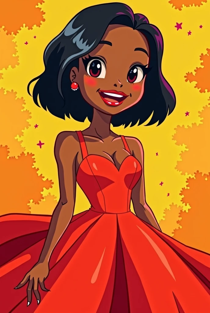 in chibi style, a woman with mulatto skin and short straight hair, who often wears vibrant red lipstick and always has a cheerful smile on her face. redgown, orange and yellow.
