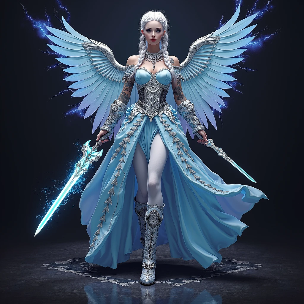 (wearing big rayban aviator sky blue tinted sunglasses with diamond skeleton), (left wristband contains steampunk clocks), (watches and time related engines), (boots contain fancy silver embroidery), (using silver hoops for earrings), (the front part of the hair have been partially dyed cyan), (blue lipstick), (photorealistic), (full body view), (walking), (background white), (a woman with wings and a halo), (ice sorceress), (ice mage), (full portrait of elementalist), (world of warcraft art style), (beautiful ancient frost witch), (clothed in ethereal battle armor), (painted in the style arcane), (clothed in ethereal armor), (epic mage girl character), (mystical atlantean valkyrie), (ice crystal armor), (white shiny hair in high-wide pigtail braided ponytails), (large amount of metal, diamond and silver accessories), (fancy silver crystal artistic boots with spikes and dragonic look with white diamonds and big pointy heels), (shiny silver satin belt with white crystal crescent moon diamond in the middle), (triple extra ornate silver and diamond jewellery: rings, earrings, wristbands, armbands, necklaces, choker, tiara, hair clips), (huge anime big large and cute gray eyes with long eyelashes), (intricate detailed decorations white hair with braided pigtails and long hair), (artistic tattoos highlighting her edgy persona), (cute pretty beautiful symmetric face, cute nose, juicy shiny silver lips), (symmetry), (dual colored open wrap blue ballgown dress with cyan textures and white embroidery), (cyan satin schoolgirl style skirt), (white stockings with cyan laces attached on the underpants), (blue tinted sunglasses with silver frame and diamonds), (holding two glowing cyan silver long great sword weapons emmanating energy blue flame and electricity in both hands), (angelic wings with silver metal framing), (moody ambiance), (highly detailed, HD), (cinematic lighting)