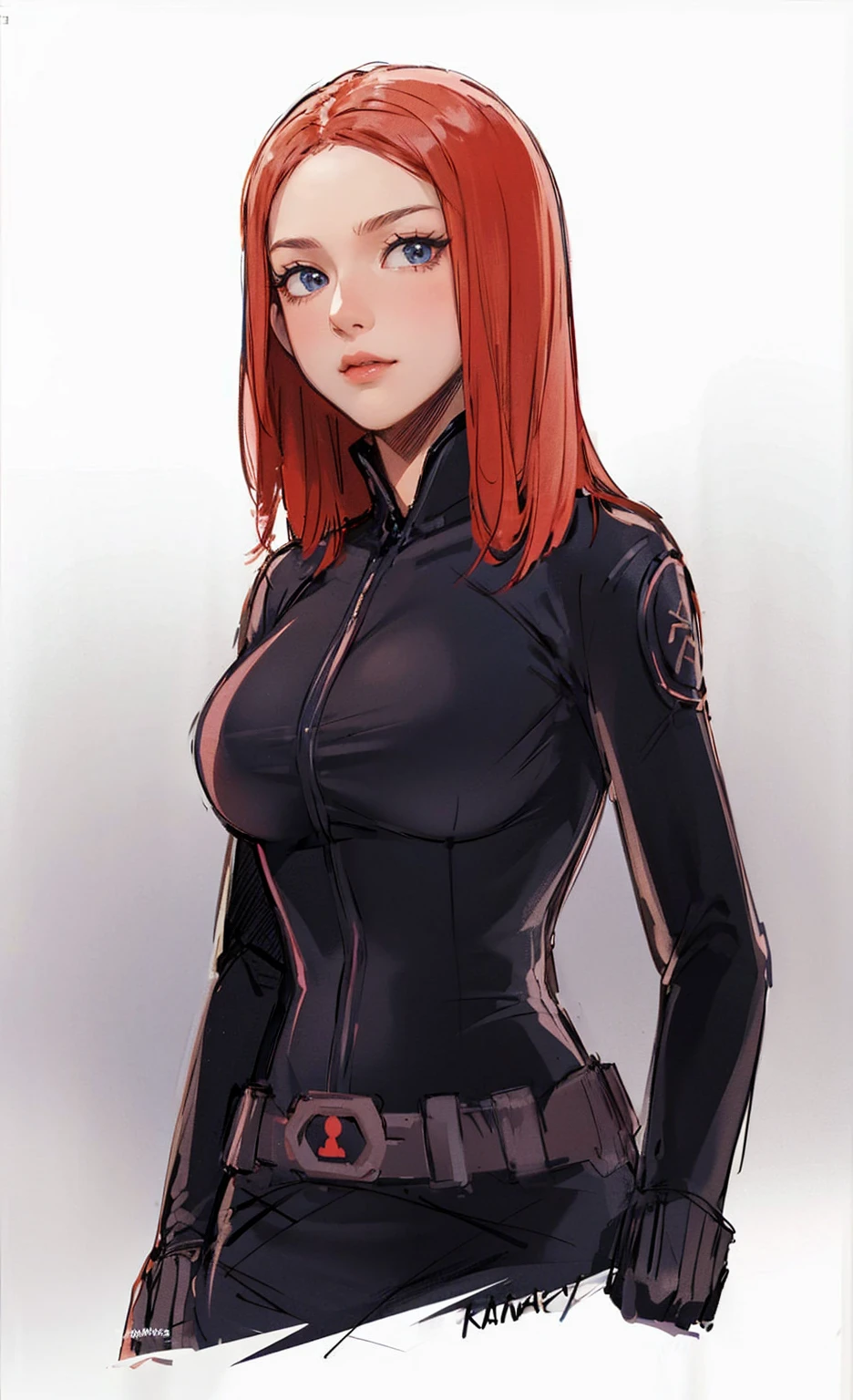 The image depicts Black Widow. She is illustrated with long, bright red hair and blue eyes, and is clad in a sleek skin-tight shiny black latex bodysuit with a deep-cut zipper neckline revealing a large chest, the silver zipper running down the front. The suit is complemented by her shiny iron wrist guard on both wrists and a metal belt with a buckle that features a red hourglass mark. Her gaze is intent and directed off-screen, implying alertness and focus on an unseen threat or target. She appears with a cute smile on her face. The atmosphere of the image conveys confidence and resilience, characteristics synonymous with the Black Widow persona. The background of the image is an off-white color, which creates a subdued and timeless ambiance.
