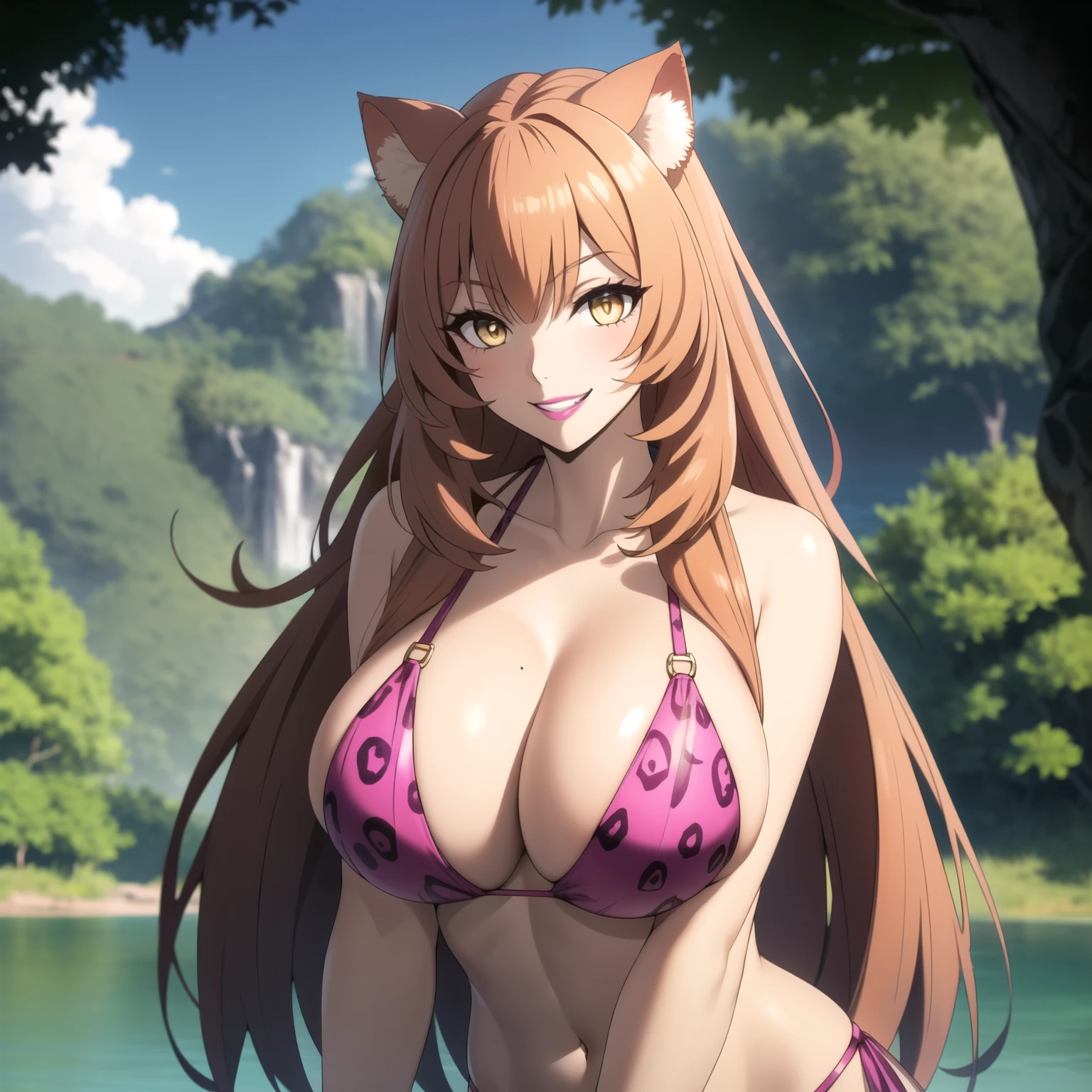 Raphtalia woman 2,bright orange hair , dark yellow eyes , mischievous smile showing teeth, Painted lips, cat ears, pink bikini with jaguar design, background a lake in the middle of a jungle, very big breasts.