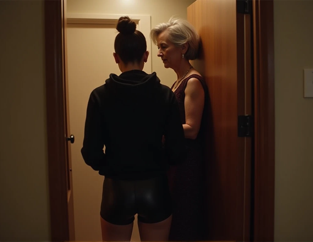 black woman hair in a bun black hoodie black leather short shorts being fucked in the ass by a old grandma in a dress in the closet of the hotel