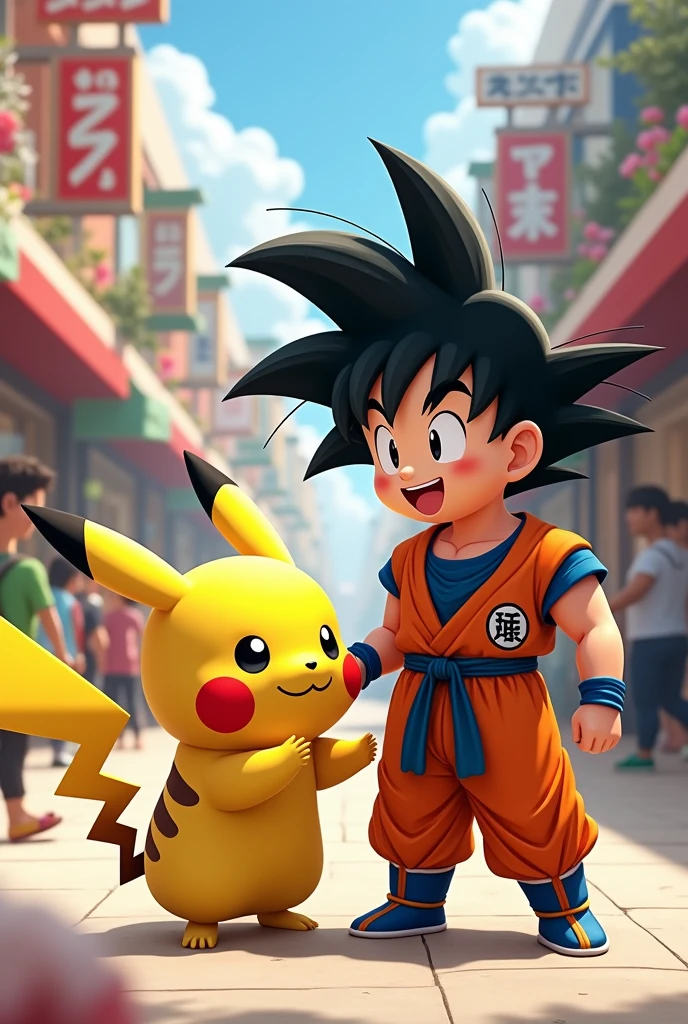 little pikachu and goku whith black hair and orange suit are friends in the mall