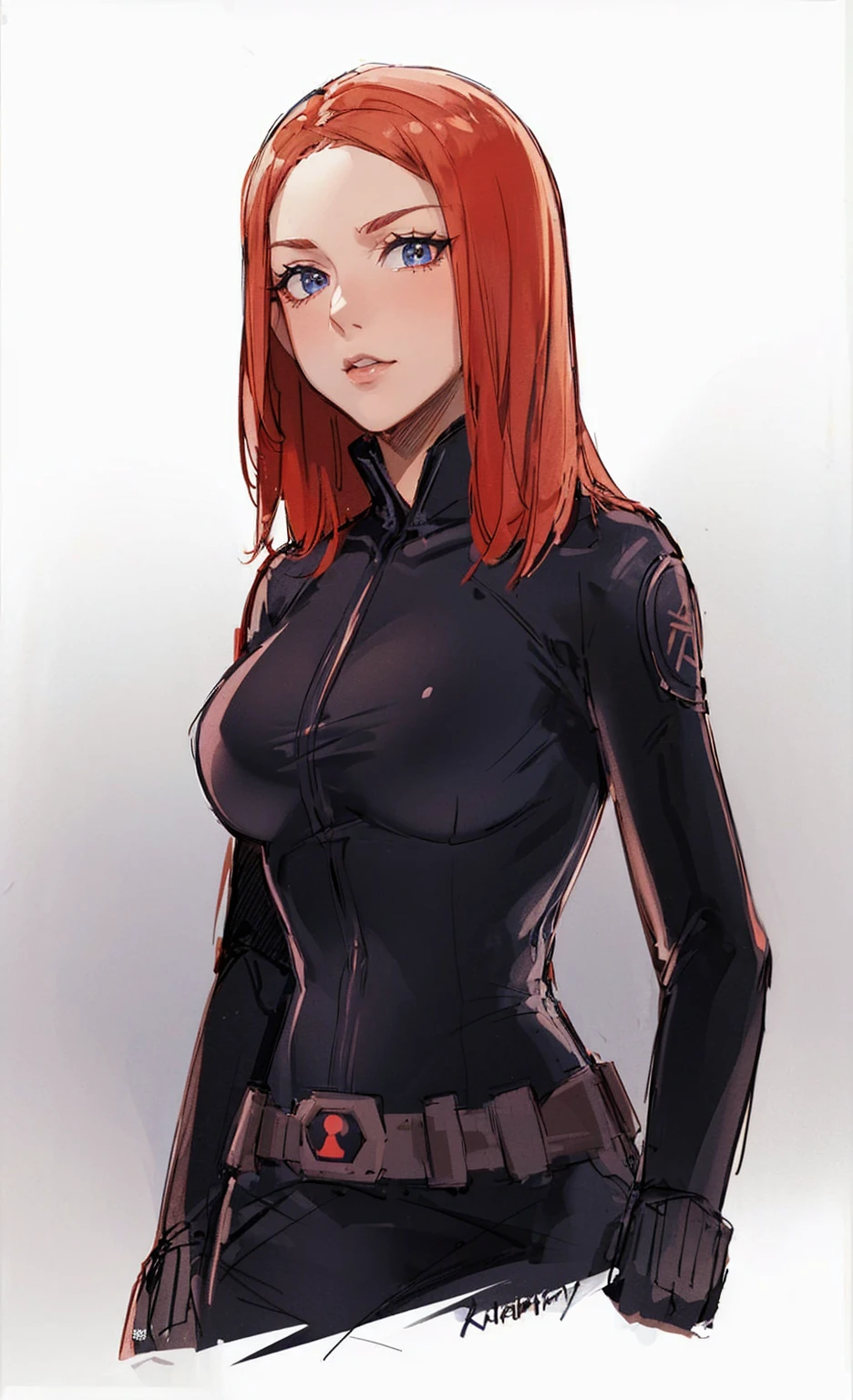The image depicts Black Widow. She is illustrated with long, bright red hair and blue eyes, and is clad in a sleek skin-tight shiny black latex bodysuit with a deep-cut zipper neckline revealing a large chest, the silver zipper running down the front. The suit is complemented by her shiny iron wrist guard on both wrists and a metal belt with a buckle that features a red hourglass mark. Her gaze is intent and directed off-screen, implying alertness and focus on an unseen threat or target. She appears with a cute smile on her face. The atmosphere of the image conveys confidence and resilience, characteristics synonymous with the Black Widow persona. The background of the image is an off-white color, which creates a subdued and timeless ambiance.