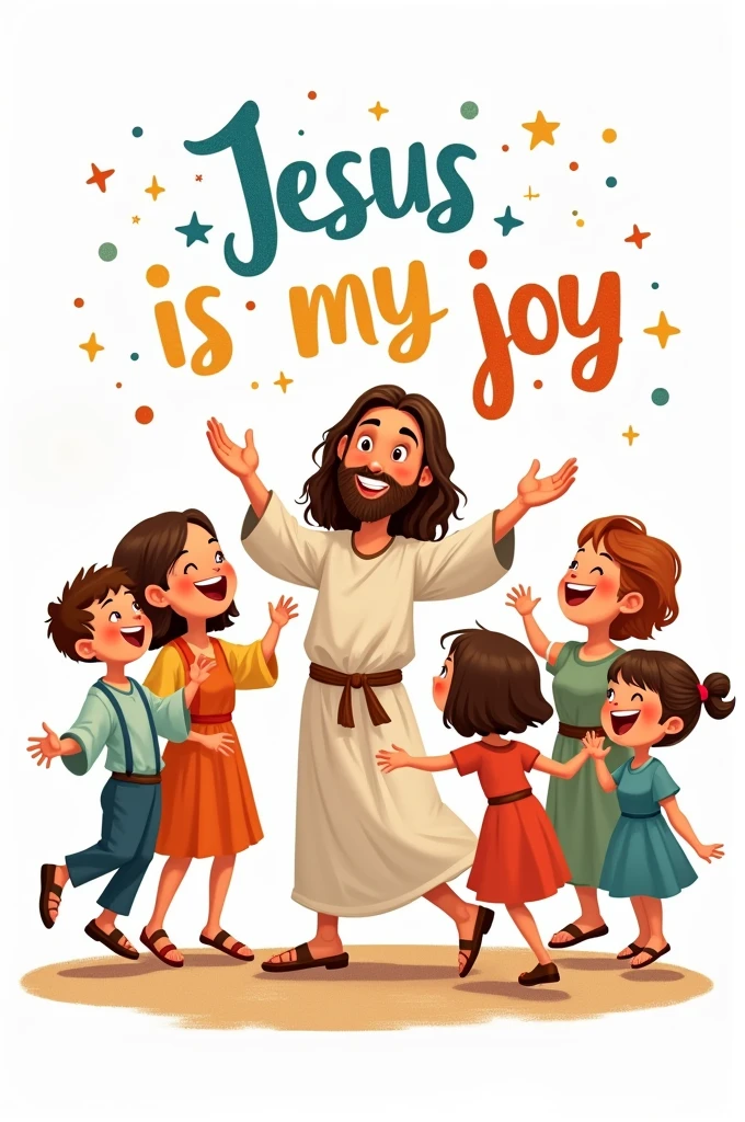 Drawing of Jesus , Monica's Gang style, happy jesus, with some children dancing happily. White background with the words JESUS IS MY JOY in colored letters