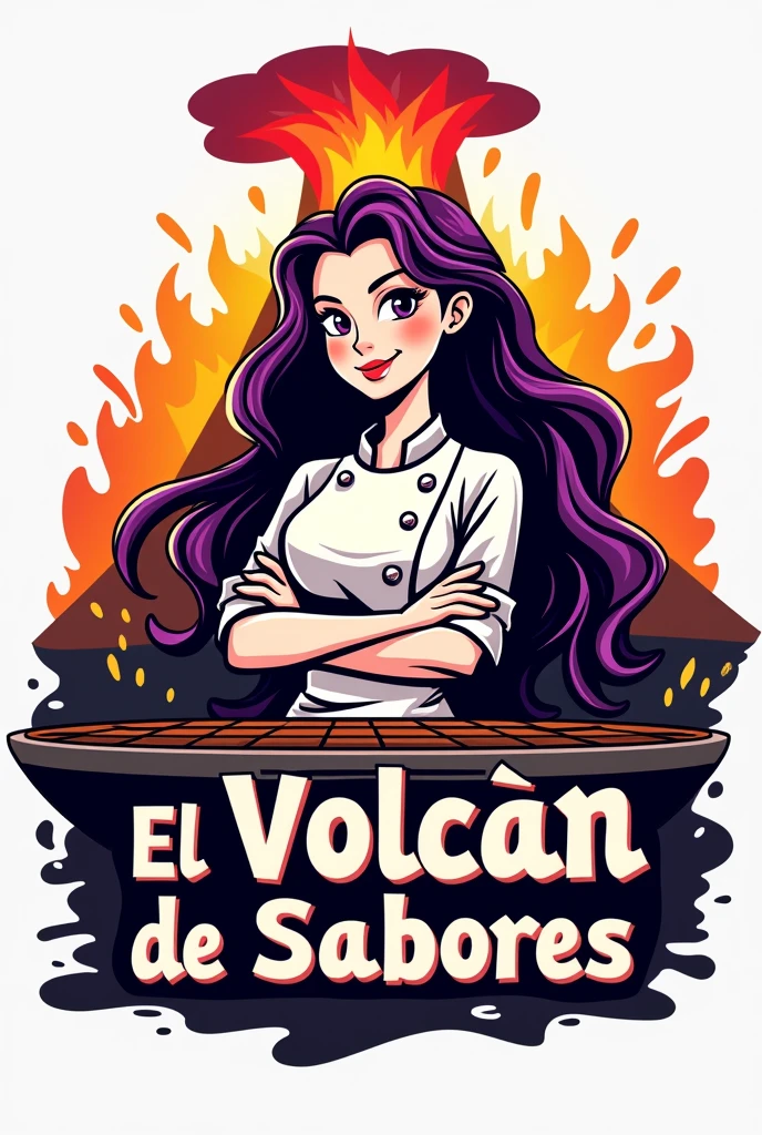 Could you please create a logo for a fast food restaurant with homemade hamburgers with a white female chef with black hair and purple locks with a grill, a volcano and the name El Volcán de Sabores written on it?