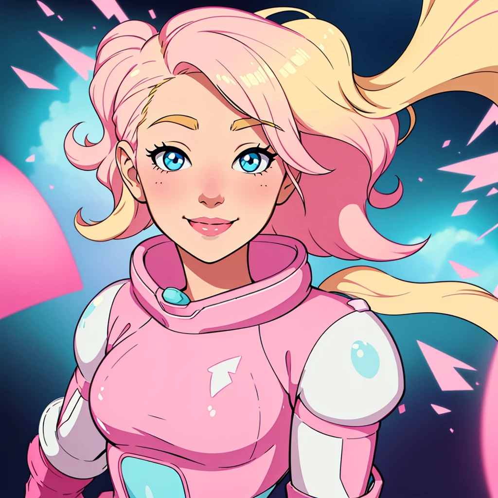 girl with medium short fluffy blonde hair with pink highlights, half body, portrait, soft colors unique and cute character design, pastel colors included. Smiling girl in a white and pink spacesuit with blue eyes. 