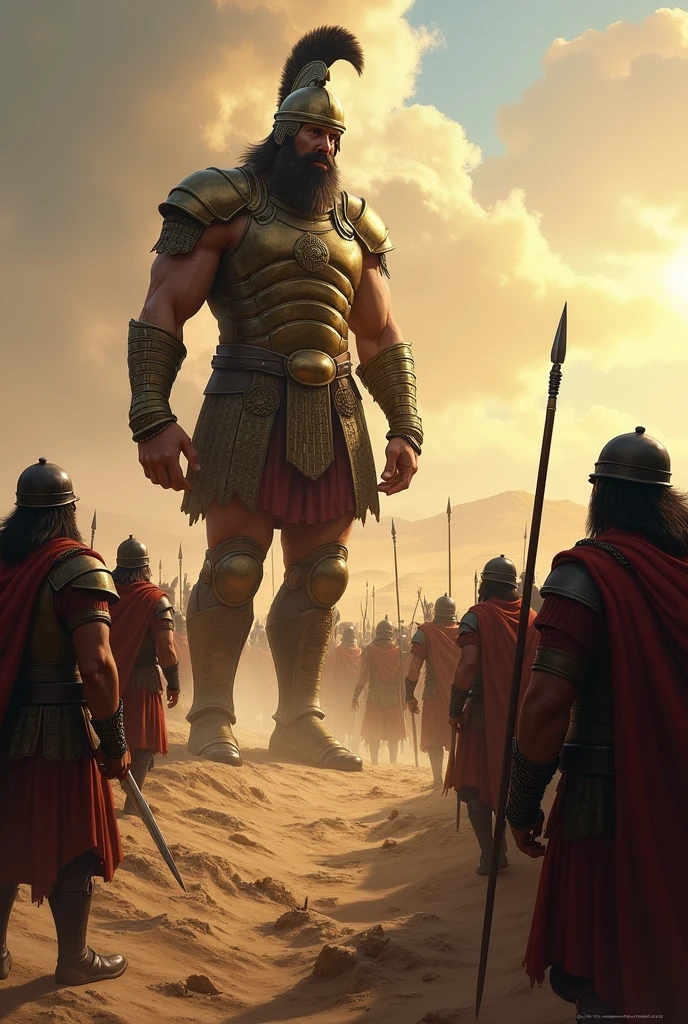 - Panel 2: Goliath challenges the Israelites to choose a champion for a single combat. - Goliath: "Choose a man to fight me! If I win, we will be your servants; If I win, you will be ours!" Create an illustration about it