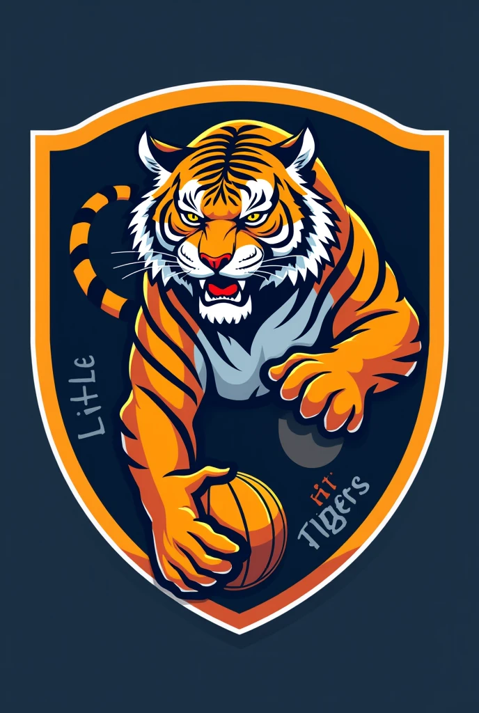 Com base no big tiger. Create a handball team shield, with the name "little tigers", where the tiger will represent the little tiger. The animal must have a handball in its hand, no people in the photo just the animal on a handball court
