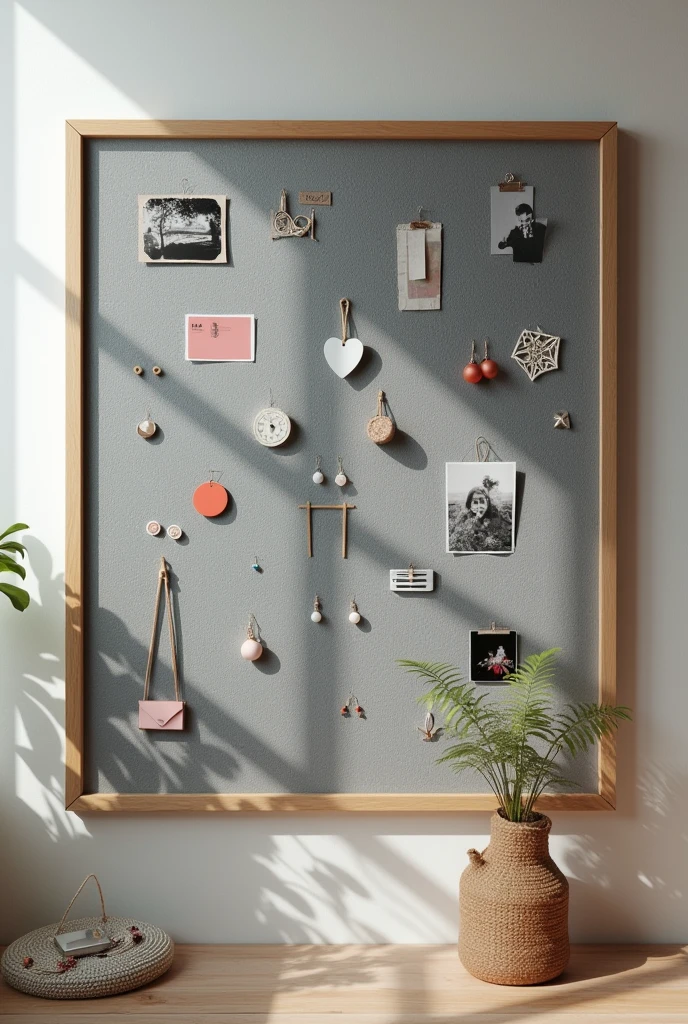 Gray felt board,There are some photos pinned on it.,Small ornaments,Small earrings etc.