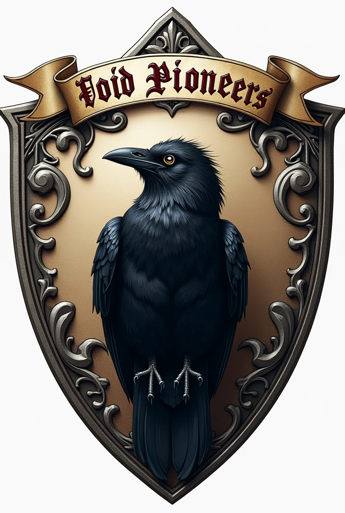 You can create a logo (shield) with a silver border, with a crow (in the center) , With outstanding embroidery with a ribbon with Renaissance letters At the top that say "Void Pioneers" in Renaissance style