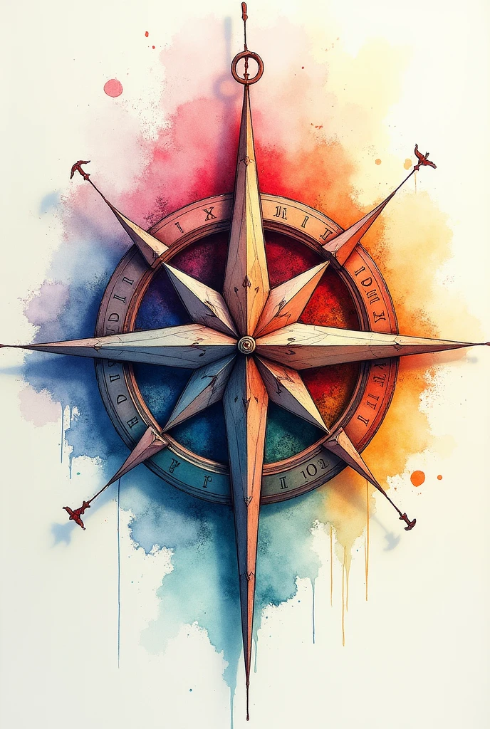 Create a three-dimensional compass and insert the inscription VOX CHART. Using the combination of watercolor and mixed media colored pencils. Use vibrant colors.