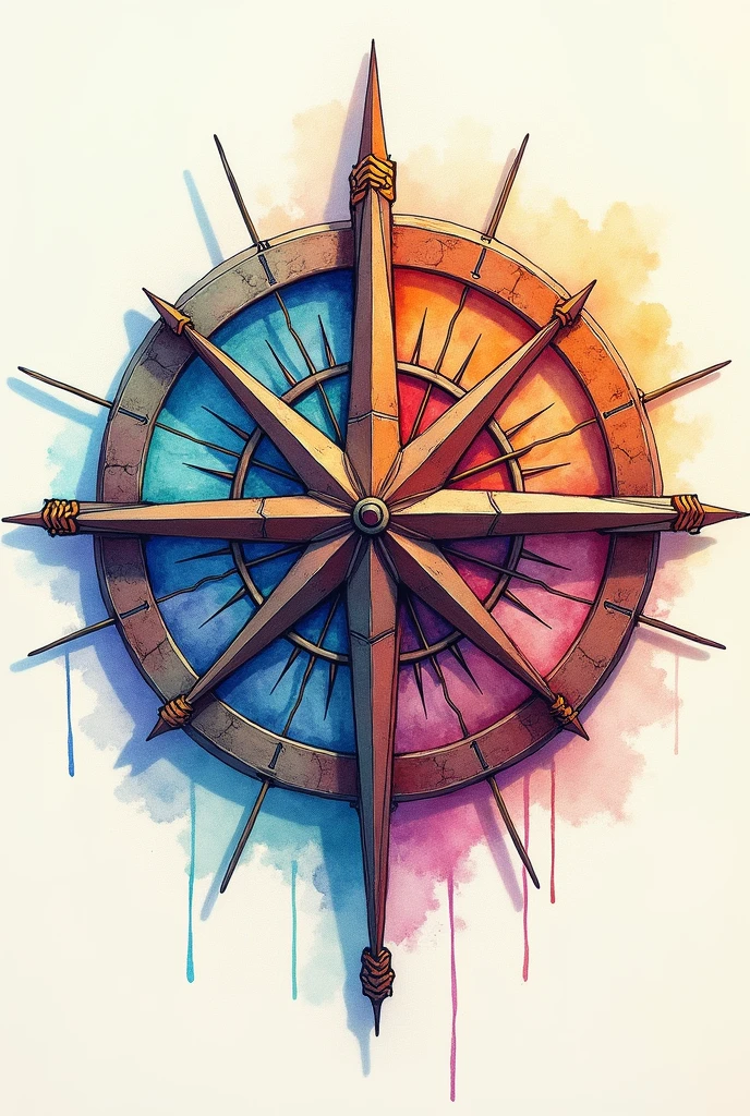 Create a three-dimensional compass and insert the inscription VOX CHART. Using the combination of watercolor and mixed media colored pencils. Use vibrant colors. 