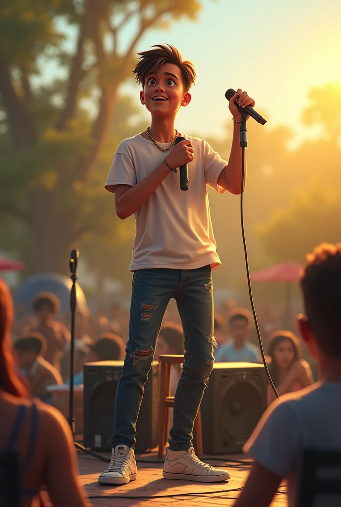 Young man singing on a chair with speakers in an open area during the day. Put a microphone in his hand