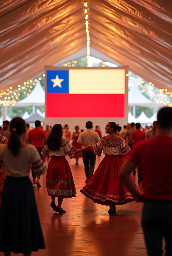 Flag of the country Chile in the background, People dancing in a large event tent
