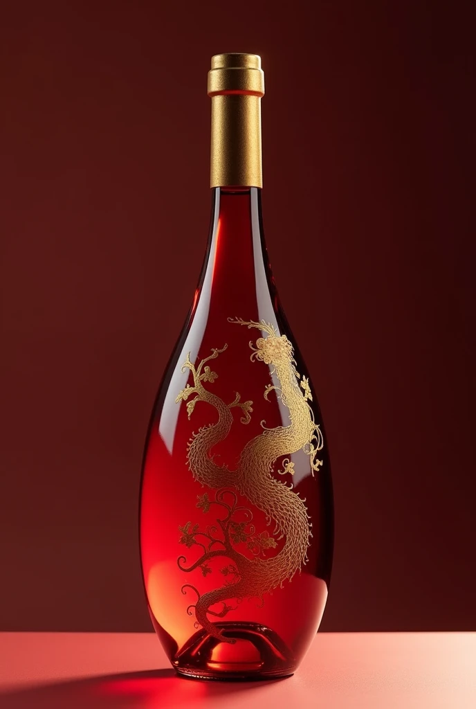 A wine bottle,Chinese Wine Pot,Trendy bottle design,The surface is a streamlined curved glass design,Trendy surface texture,Red tinted glass material,There is a golden Chinese medicine pattern,Trendy bottle design,High-end,Gao Yade,Streamlined texture,Metal bottle caps,golden bottle cap,high quality,surreal style