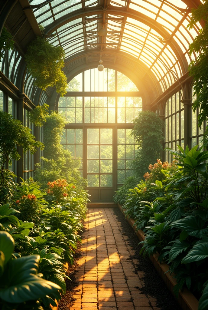 A greenhouse with sunlight streaming in, heat being retained and accumulated inside, with a small scale comparison to Earth.
