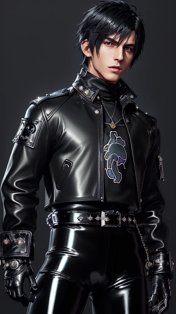 ((Final fantasy taste and reality graphics)), ((Japanese young cute and cool ikemen boy)), his age is early 20s, thin eyebrows and beady eyes, ((((he wearing black color and shining brightly enamel leather thick single-brest jacket)))), ((with epaulet)), ((enamel leather jacket close all zippers)),, ,(( jacket collar is high length stand-up collar with belts)), jacket is a little black line pattern,close the front of the jacket, (((also wearing black color thick turtleneck shining brightly enamel leather shirts))), (((tight black and shining brightly enamel leather pants))), ((((shining brightly black enamel leather tight and thin glove)))), ((black color and shining brightly leather knee-high raceup boots)),head-to-toe, whole body, boy looks like fashion model,Do not show skin from the neck down,(((all his clothes are shining)))