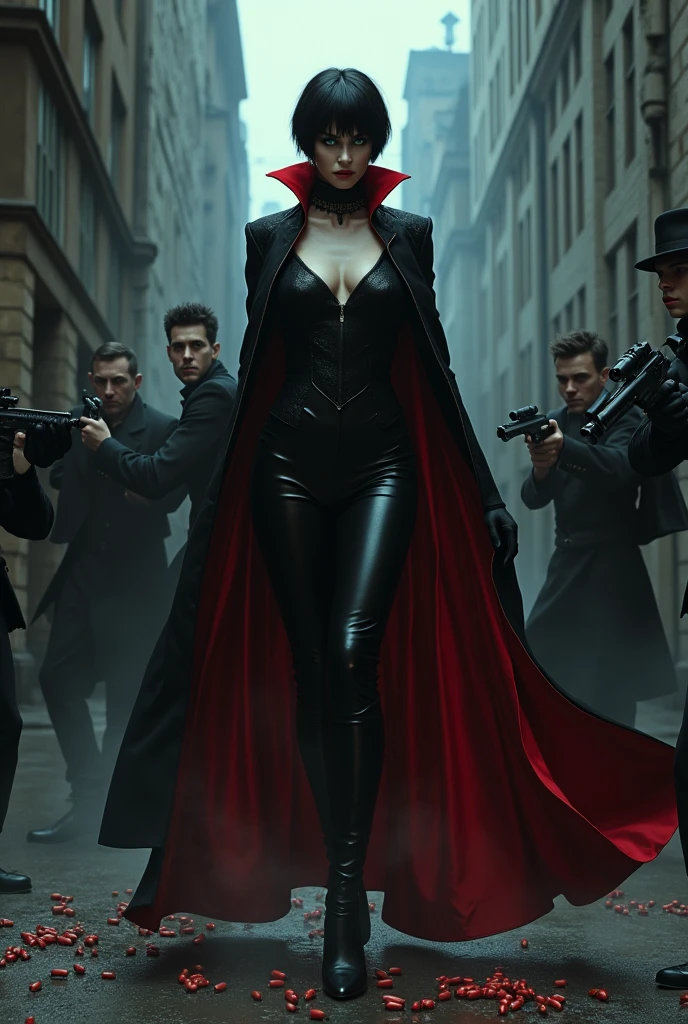 Dark short haircut blue eyes sexy beautiful supervampire gothic girl stockings high heels black uniform very tall red cape lifts a gangster by the neck in the air with one hand . The gangsters are frightened and fire their machine guns at her, dejándola con miles de agujeros de balas por todo su cuerpo indestructible bullets bouncing off her, flattening and deforming, and falling to the ground.
