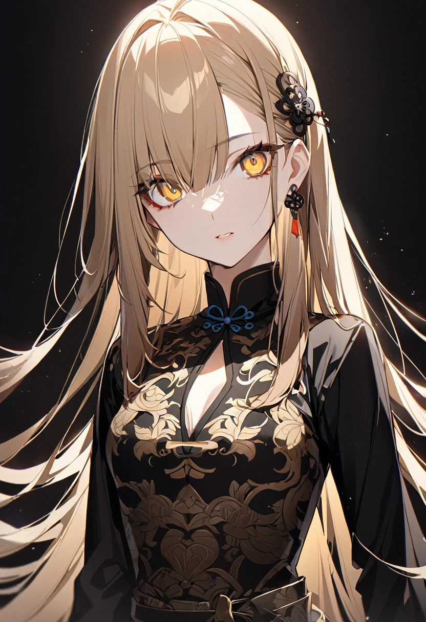 One Girl、masterpiece、Highest quality、beautiful、Big eyes、Golden Eyes、Light brown hair、Straight hair、Chinaの衣服、Long sleeve、China、Black background、anime