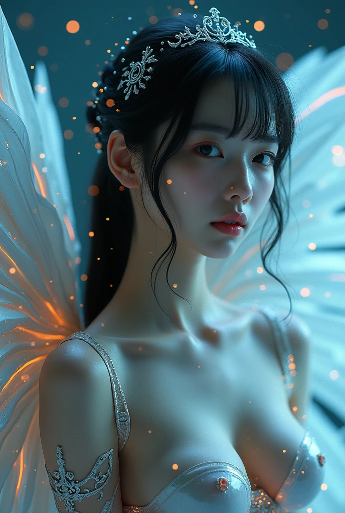 Sci-fi, fantasy, future, fashion photography, Korean beauty with fantasy wings, sexy, big breasts, looking at the audience. Low saturation, chaotic interweaving of silver and blue elements, orange streamlined lights, dynamic outlines, virtual equipment, lighting effects and particles, abstract geometry, RAW photos, ultra-detailed, delicate faces, movies